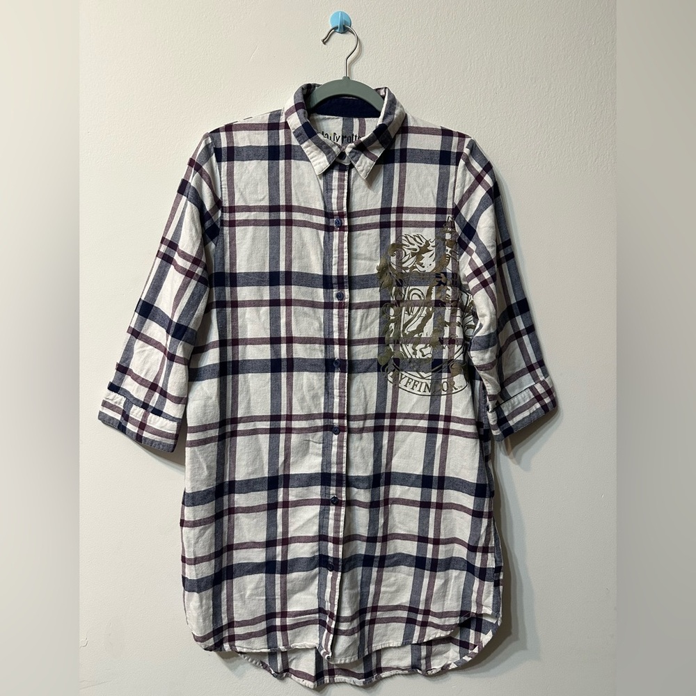 Harry Potter Gryffindor Plaid Flannel Button-Up women’s Shirt 3/4 Sleeve Size M